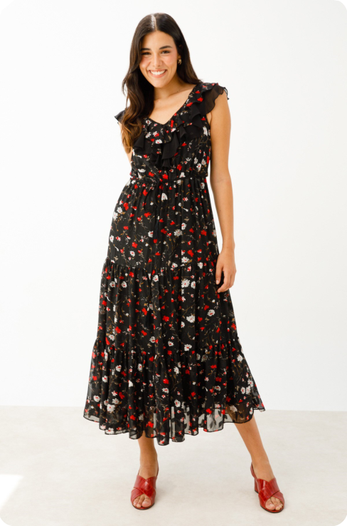 Black Flower High Waist Dress